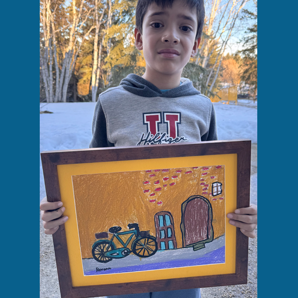 boy with street drawing with bike