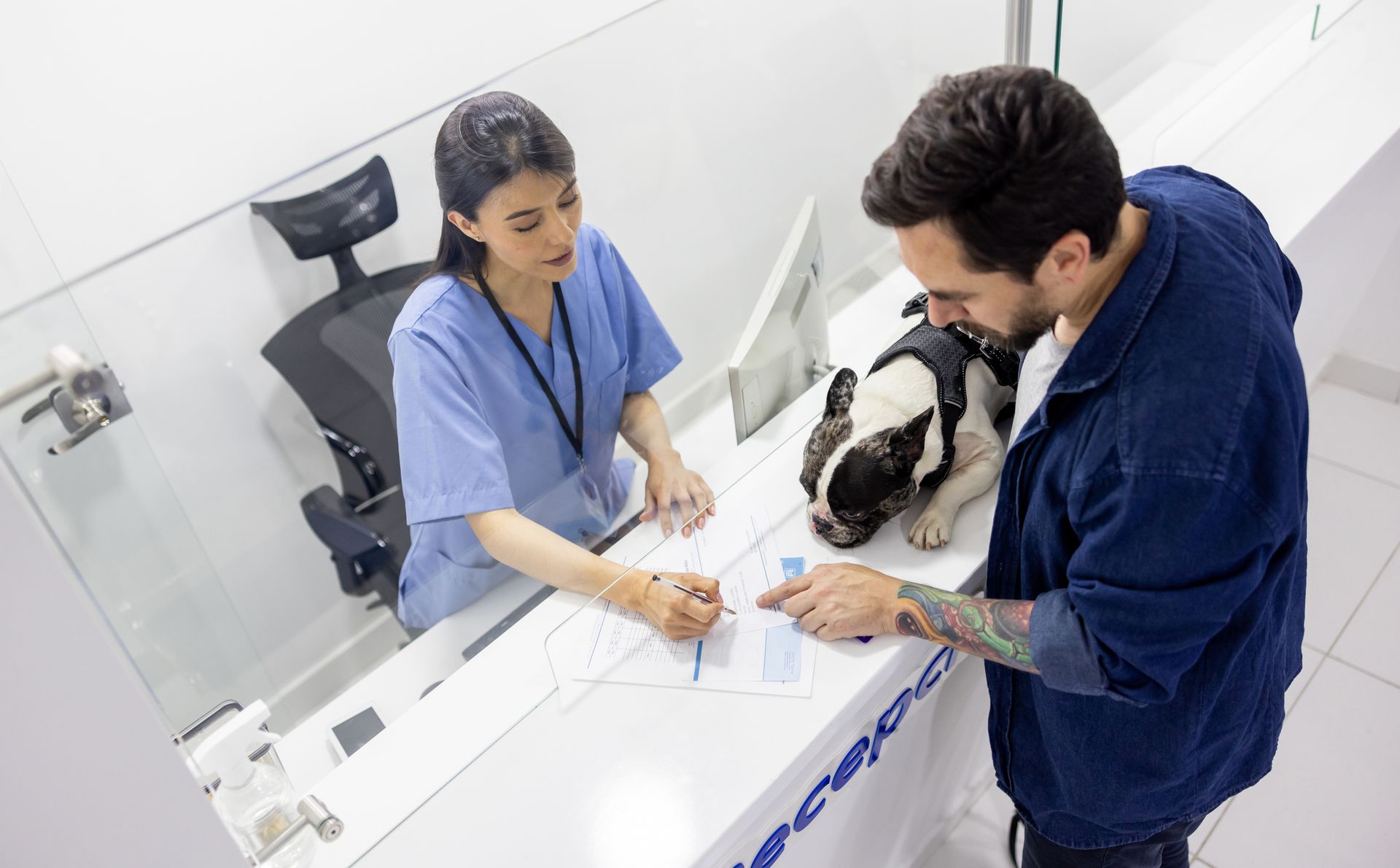 A vet receptionist in blue scrubs assisting a man with a French bulldog at a clinic reception.
