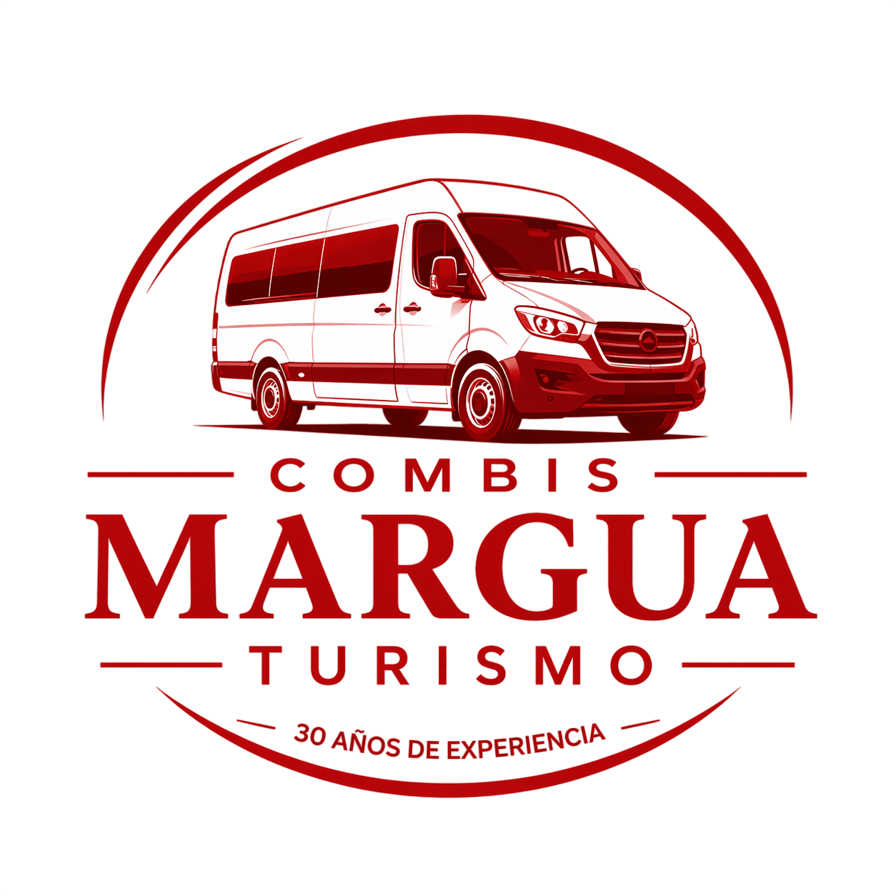 Red logo for Combis Margua Turismo with a passenger van and “30 años de experiencia” text