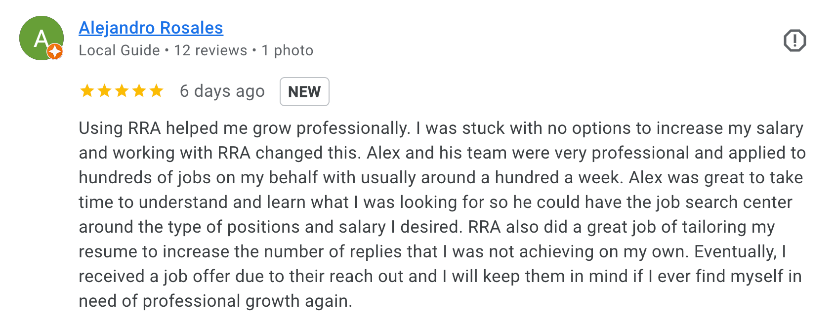Screenshot of Google review from Alejandro