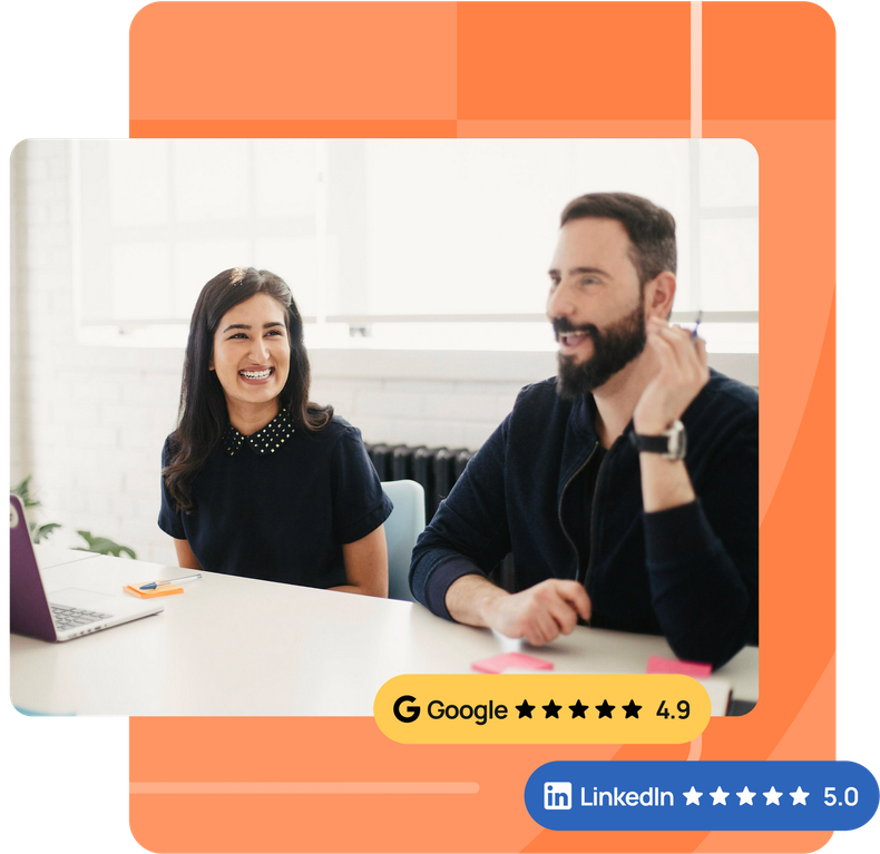 Two coworkers smiling at a desk with Google and LinkedIn rating badges on an orange background