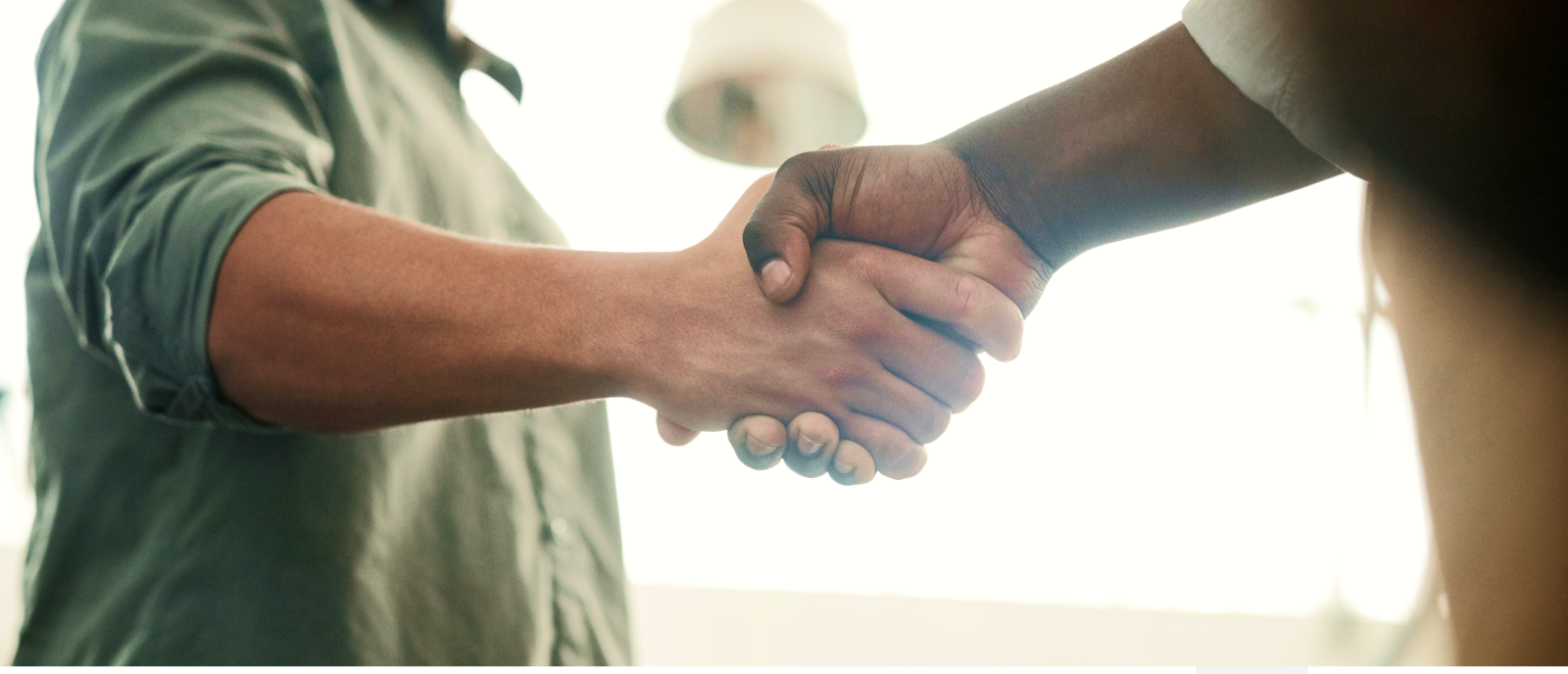 Two men are shaking hands in front of a window.