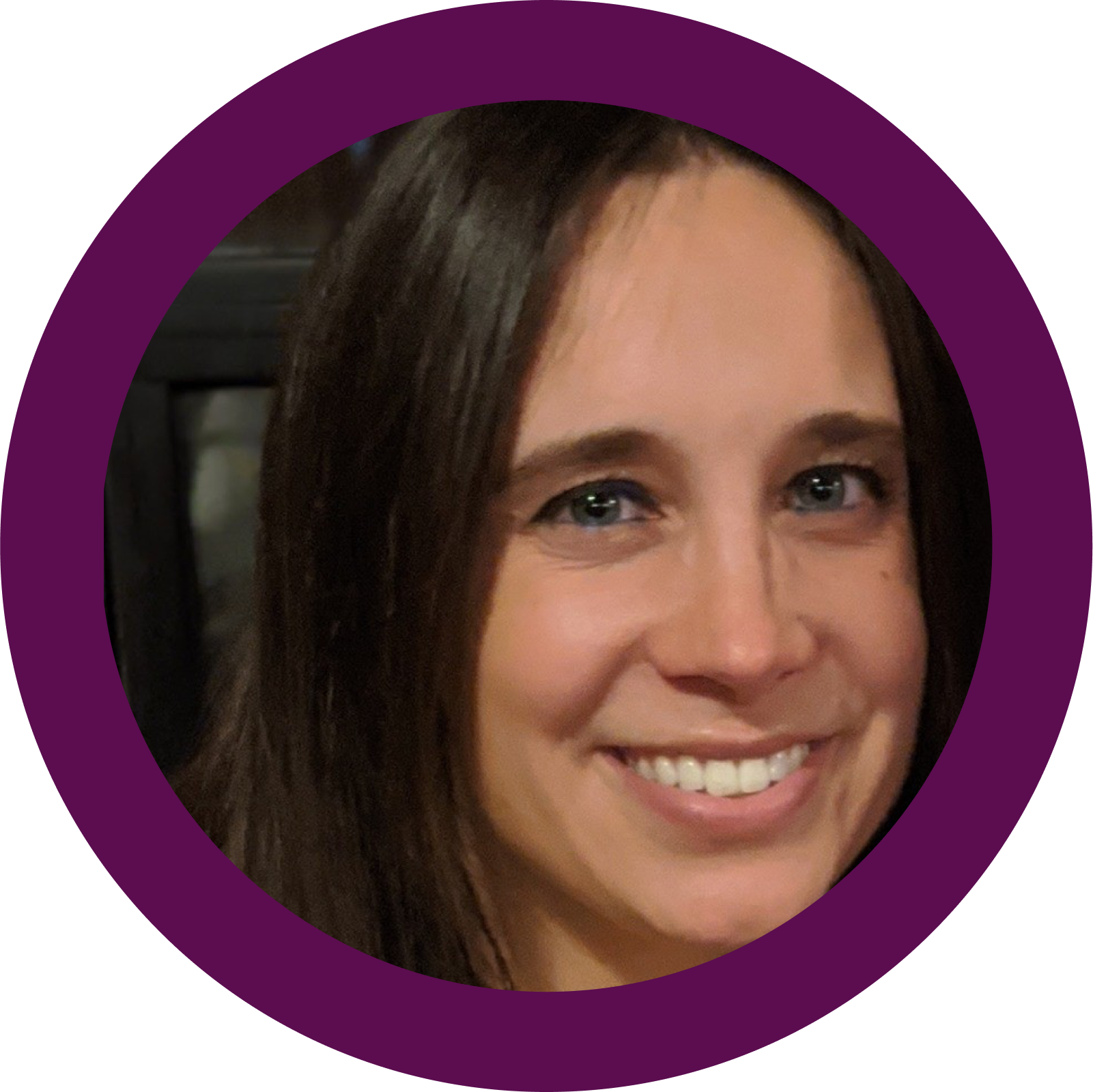 A woman is smiling in a purple circle