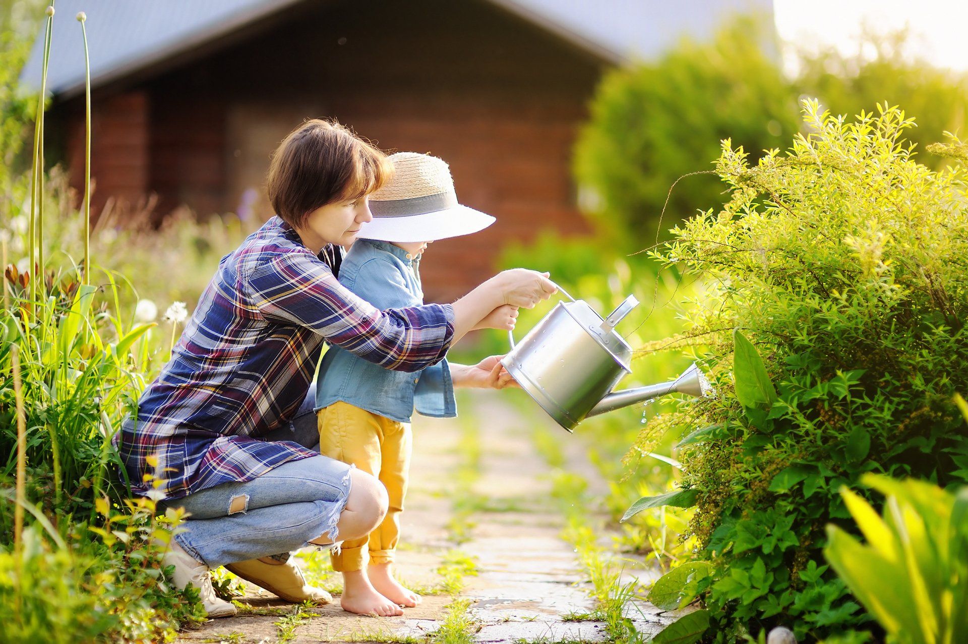 Beautiful women and her cute grandson watering plants in the garden at summer sunny day