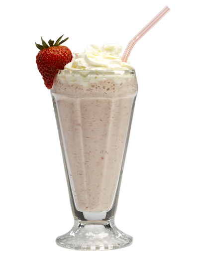 A milkshake with whipped cream and a strawberry on top