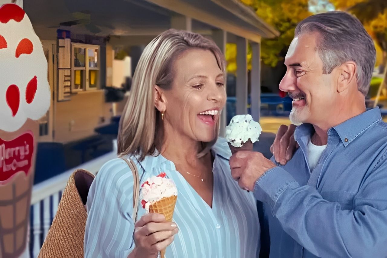 A man is feeding an ice cream cone to a woman.
