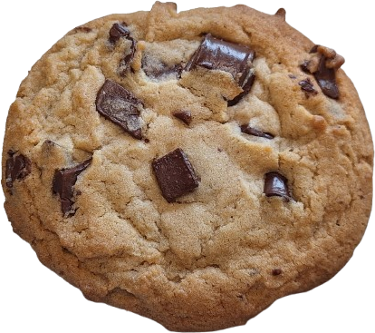 A close up of a chocolate chip cookie on a white background