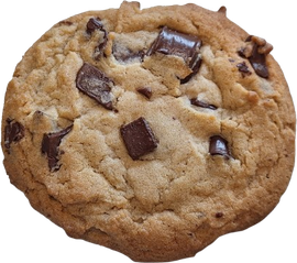 A close up of a chocolate chip cookie on a white background