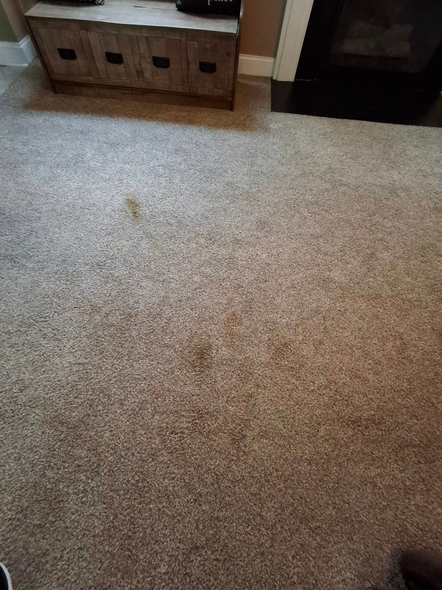 Beige carpet with two dark stains, a wooden cabinet, and a fireplace in the background.