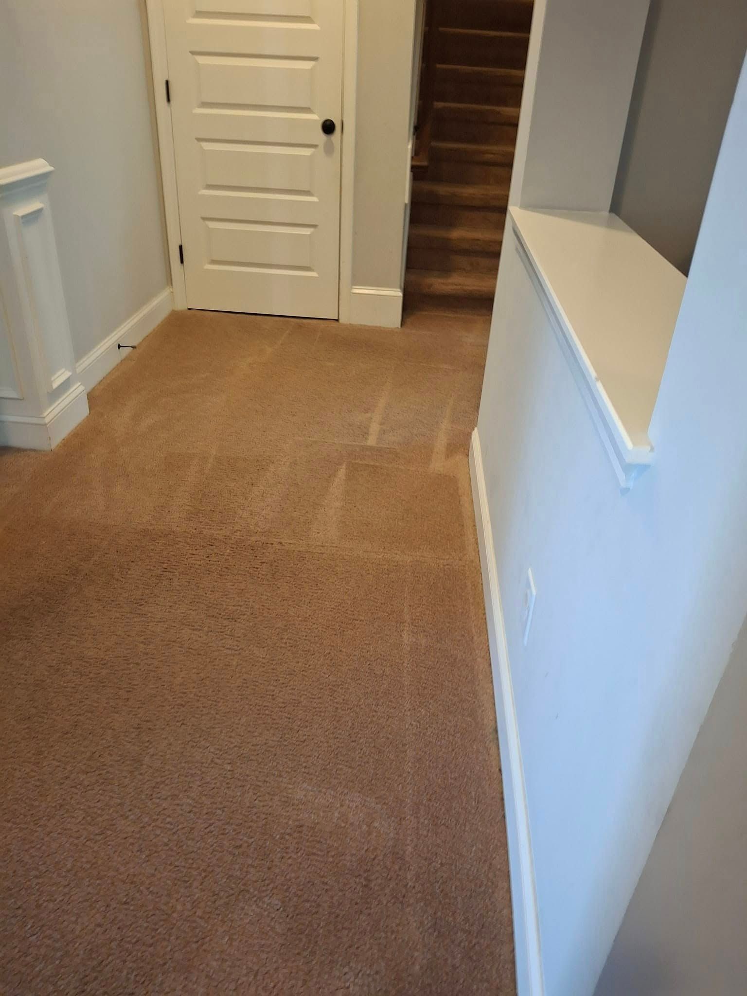 Hallway with tan carpet, white walls, and a door, leading to stairs.