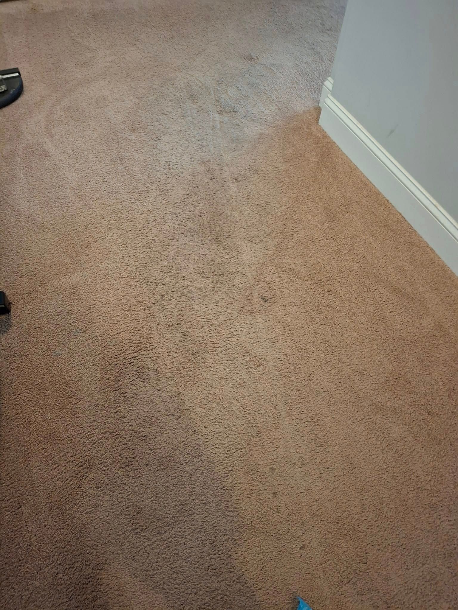 Tan speckled carpet, fading to a lighter tone near a white baseboard and wall.