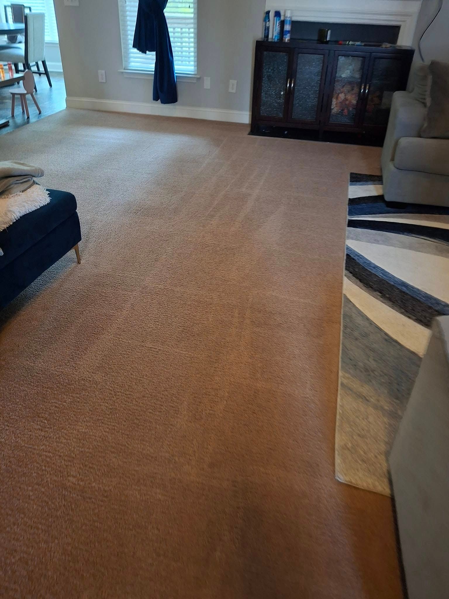 Brown carpet in a living room, with a cabinet, window, and patterned rug visible.