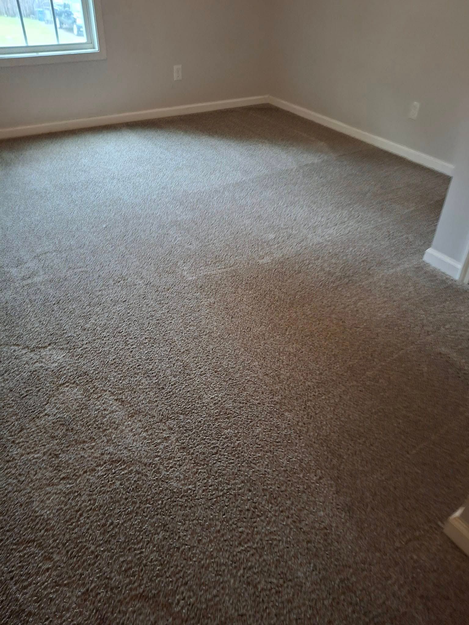 Brown carpeted room with white trim and a window.