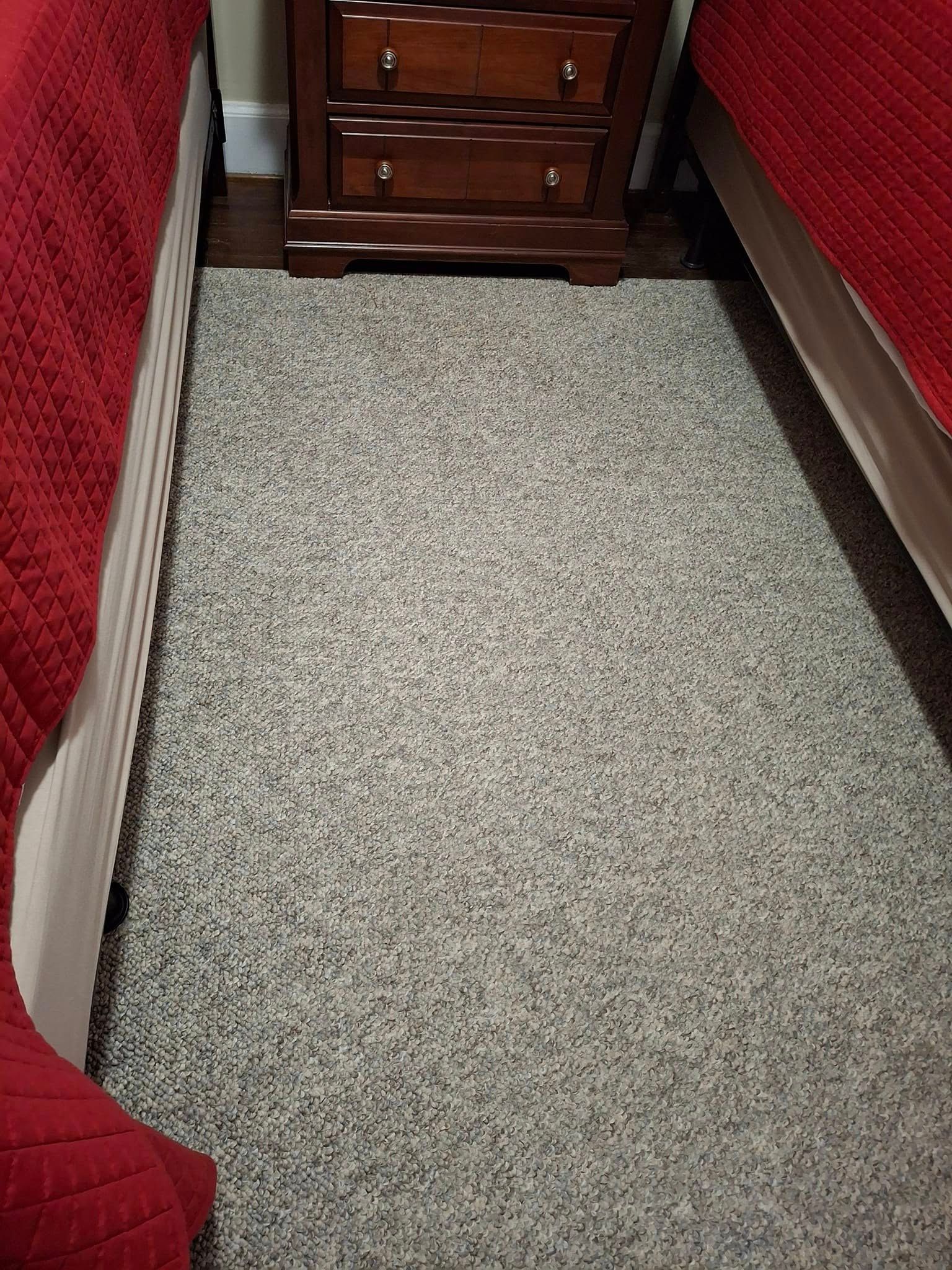 Bedroom carpet between two beds with red bedspreads and a wooden nightstand.