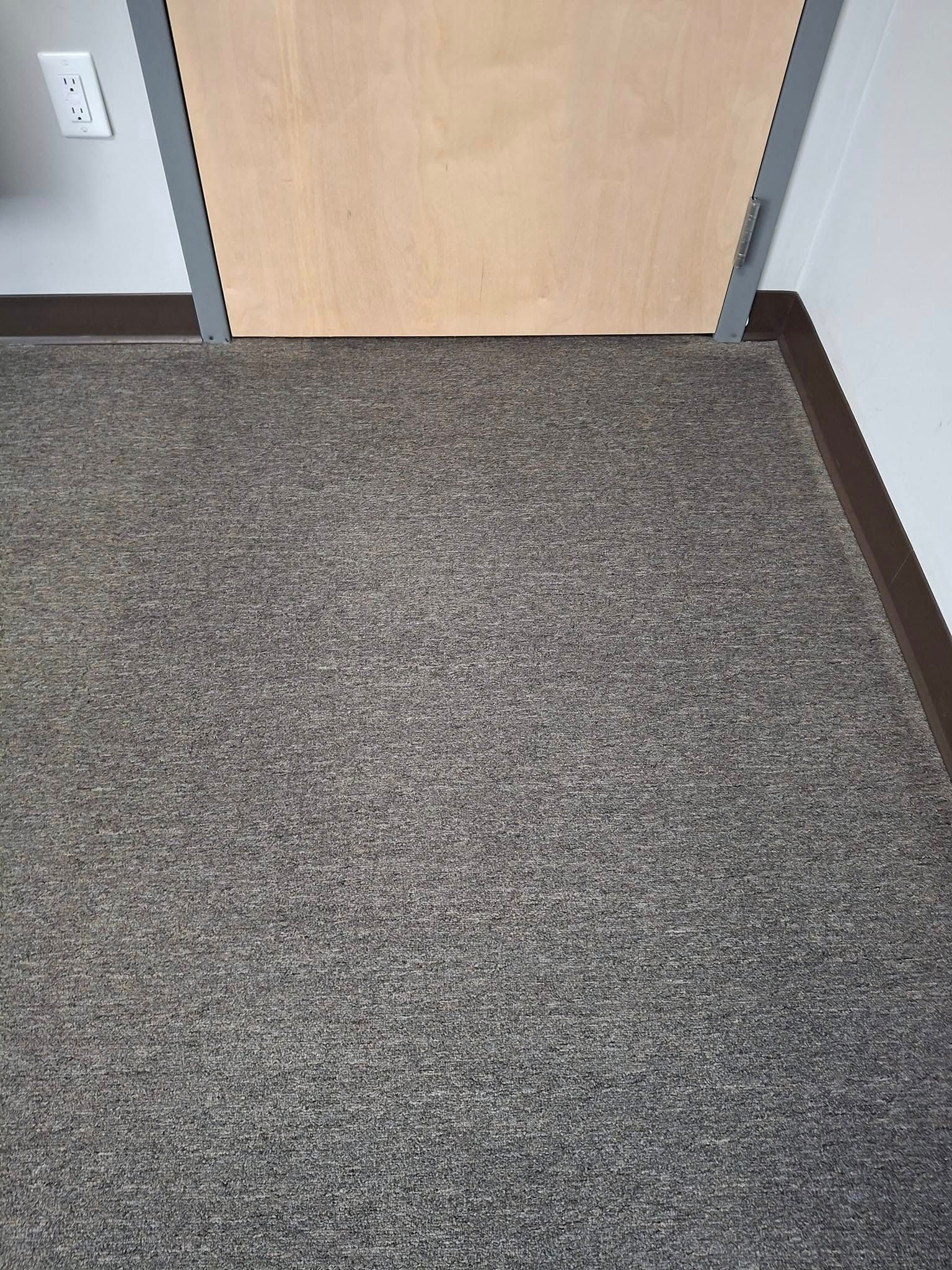 Gray carpeted floor in front of a light brown door with dark trim. White wall on the left.