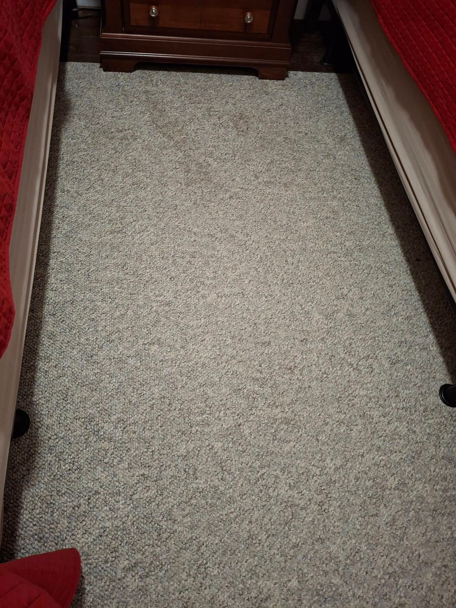 Gray speckled carpet between two red bed frames and a brown nightstand.