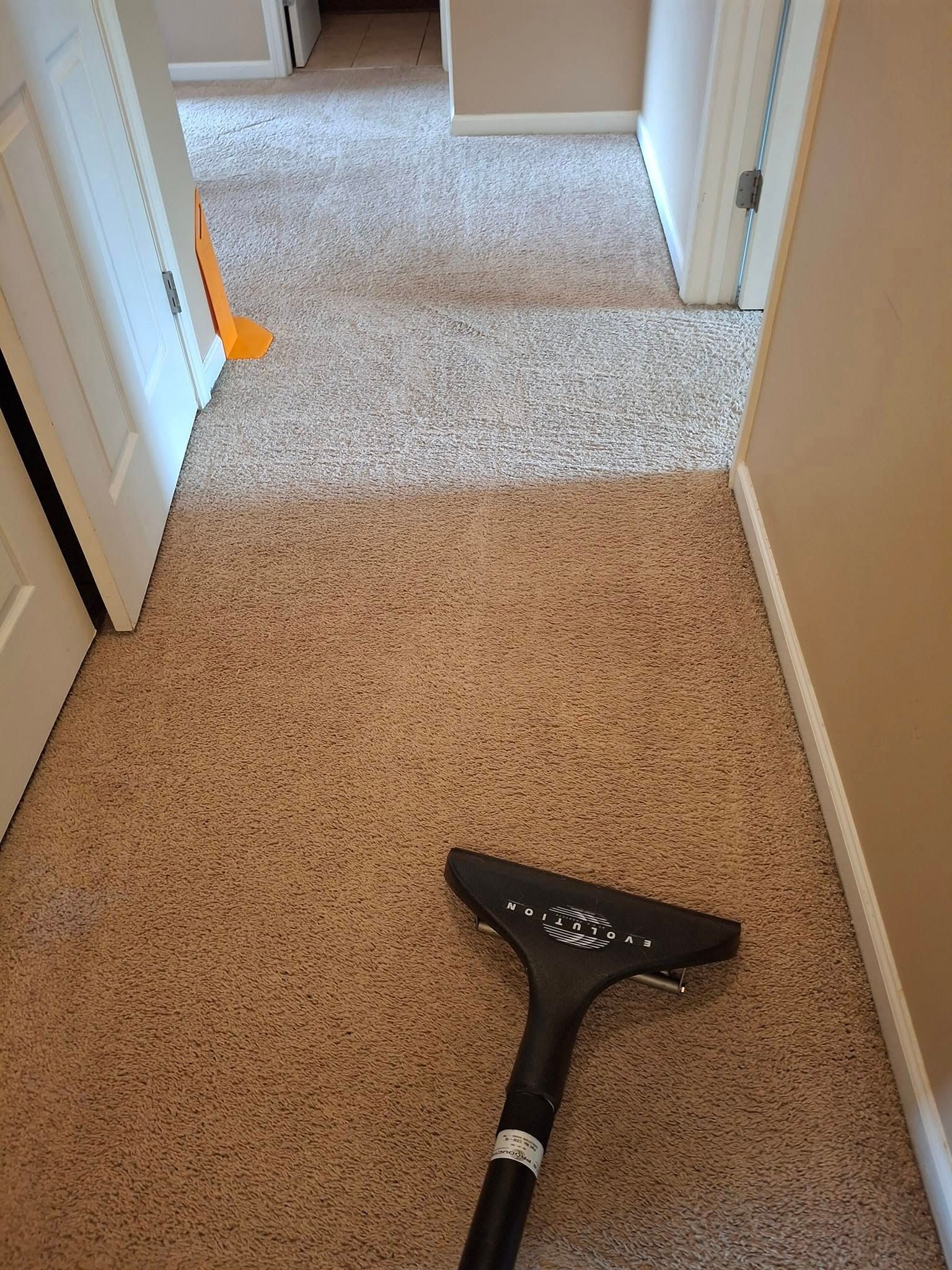 Carpet being cleaned with a black carpet cleaning wand in a hallway with off-white doors and light brown walls.