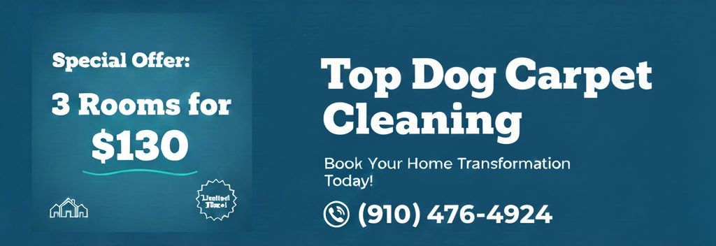 Advertisement for Top Dog Carpet Cleaning: 3 rooms for $130, phone number (910) 476-4924.