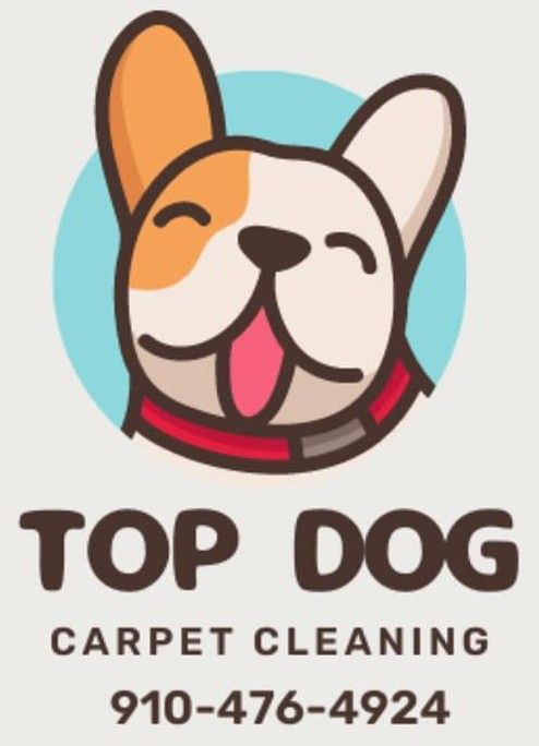 Logo for Top Dog Carpet Cleaning: Smiling dog face with red collar; text "Top Dog Carpet Cleaning" with phone number.