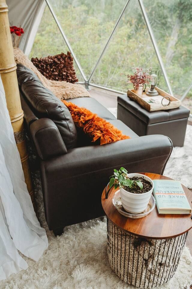 Cozy seating area inside a dome-shaped structure. Brown leather sofa, wooden table, and natural light from triangular windows.