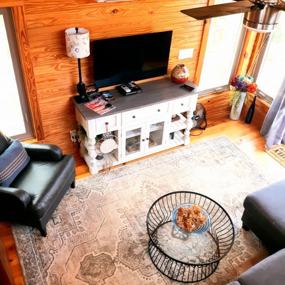 Cozy living room with TV on a cabinet, armchair, rug, and round coffee table. Wooden walls and natural light.
