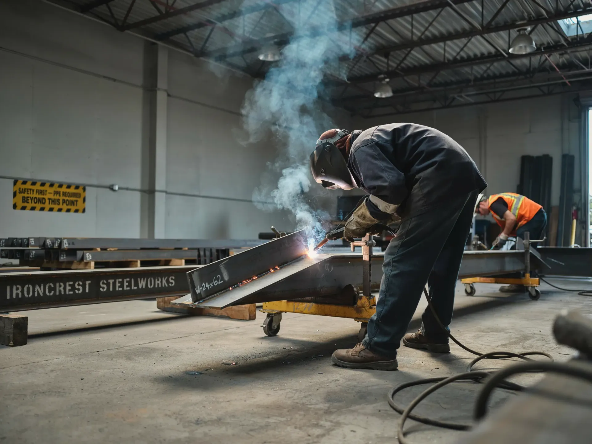 Workers welding metal beams in an industrial warehouse, with sparks and smoke rising.
