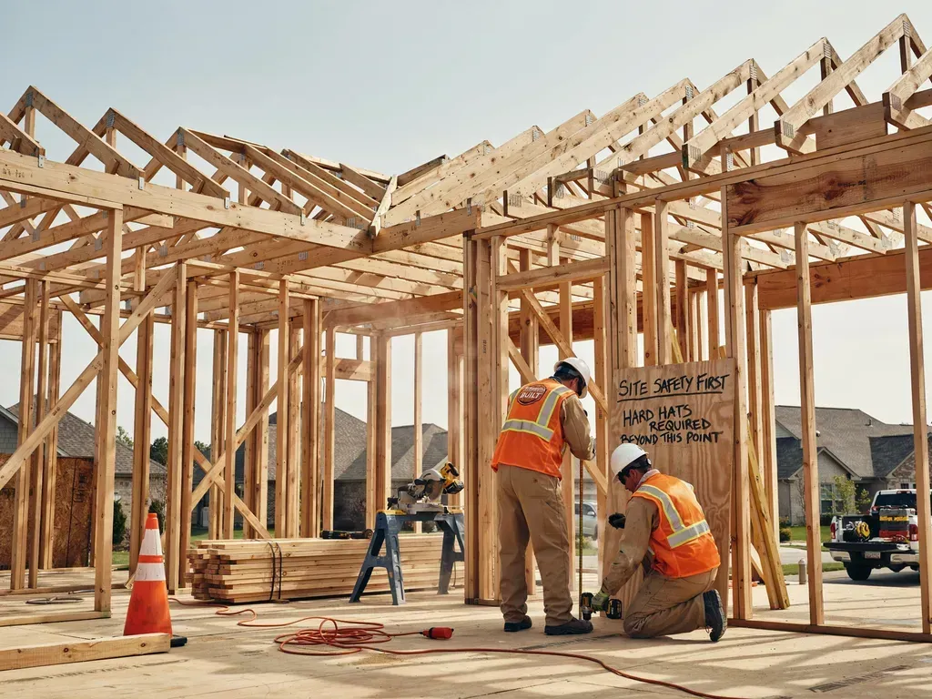 Construction workers framing a house with wooden beams at a new-build site
