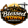 Logo for Vanguard Construction: Yellow house outline with tools, blue and yellow color scheme.