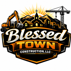 Logo for Vanguard Construction: Yellow house outline with tools, blue and yellow color scheme.