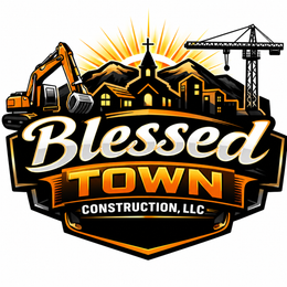 Logo for Vanguard Construction: Yellow house outline with tools, blue and yellow color scheme.