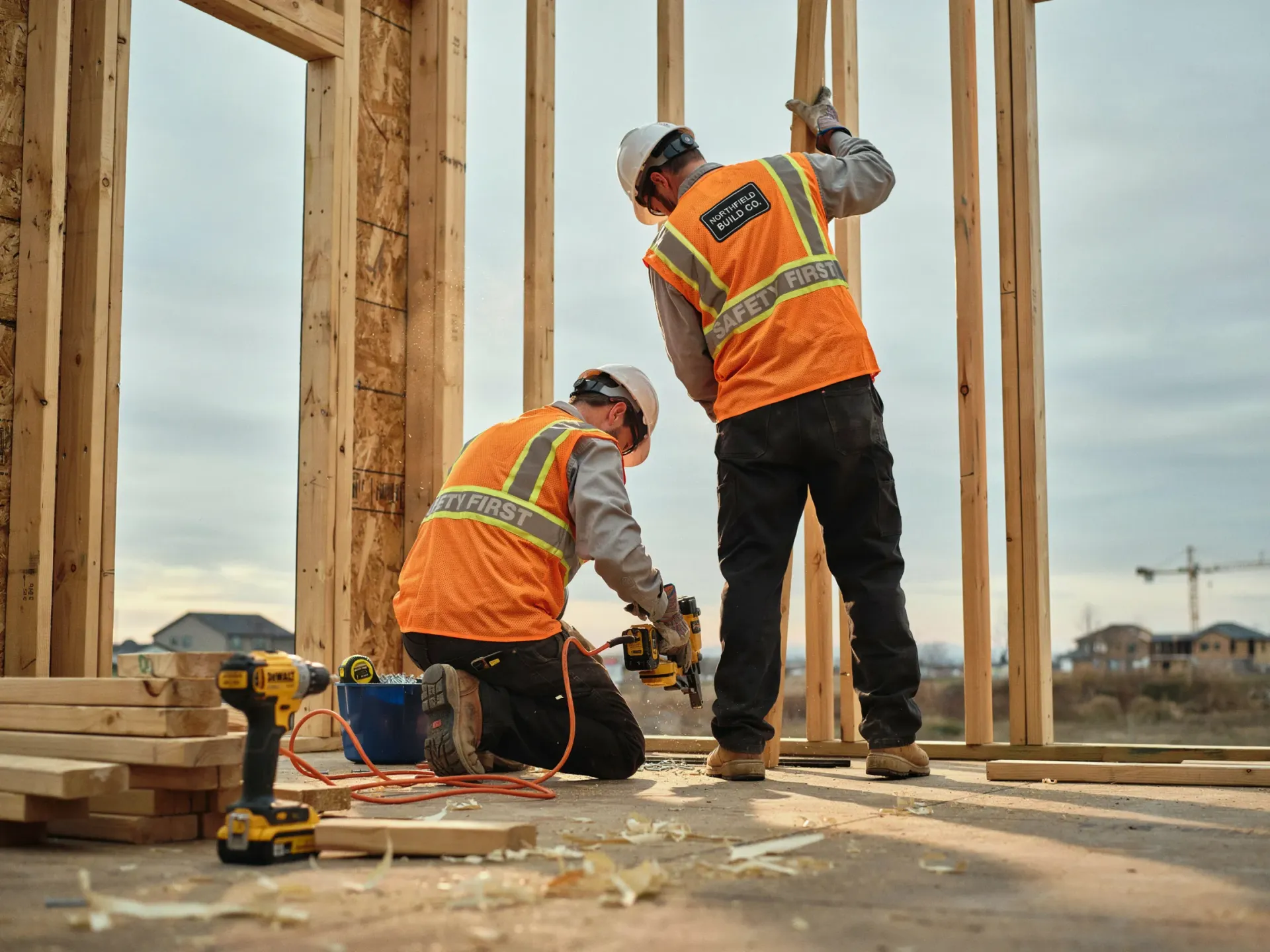Two construction workers in orange safety vests framing a building wall on a job site