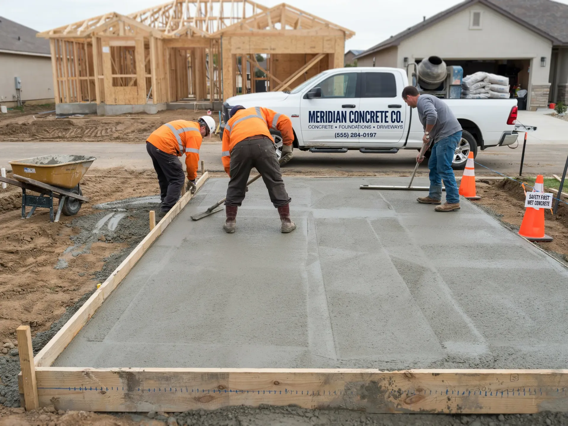 Workers pouring concrete driveway at a house under construction, with a cement truck in the background.