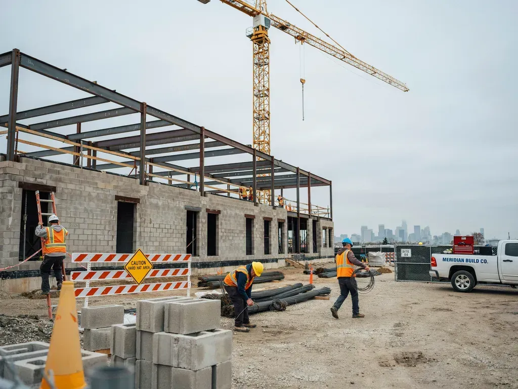 Construction site with workers, crane, and partially built brick structure under overcast sky