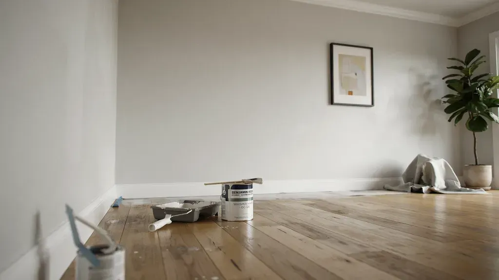 Minimal room with light wood floor, gray walls, a framed print, and a few decorative items by a plant.