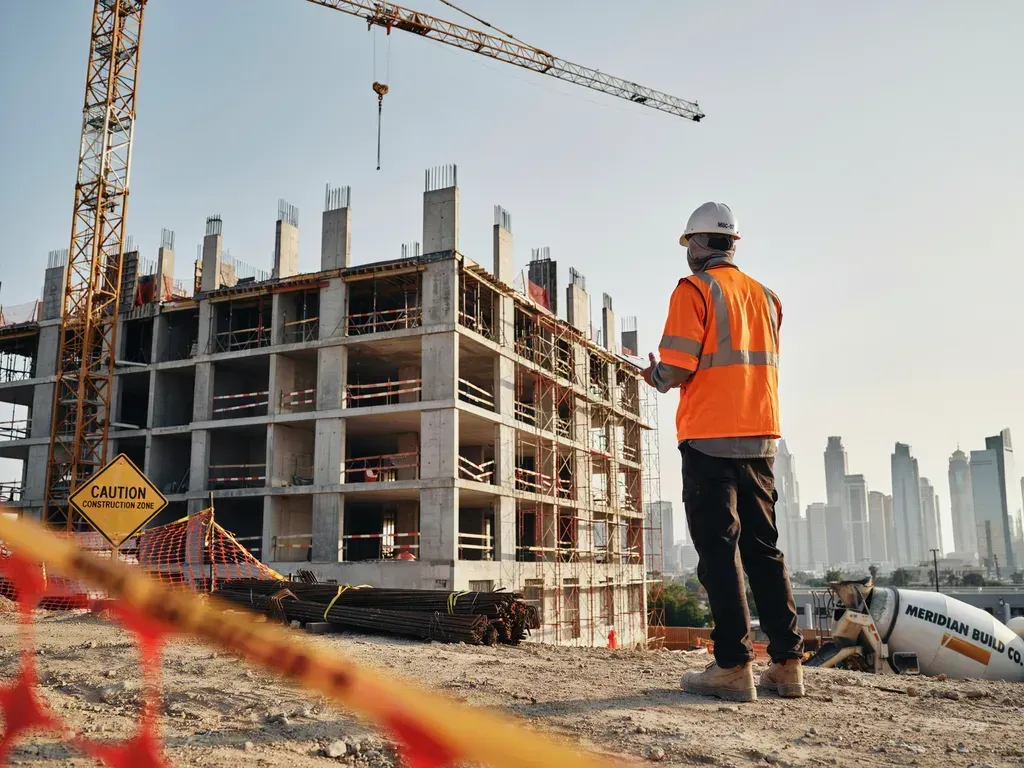 Construction worker in orange vest and hard hat on a building site with crane and city skyline.