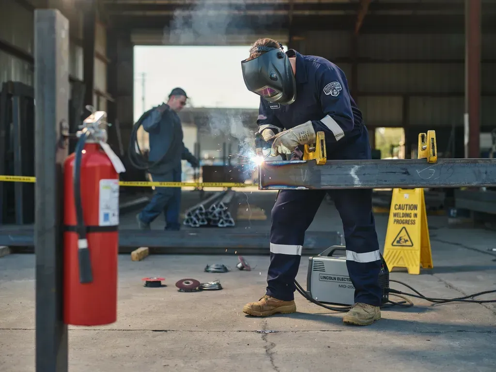 Worker welding a metal beam indoors, with sparks flying and safety gear visible.