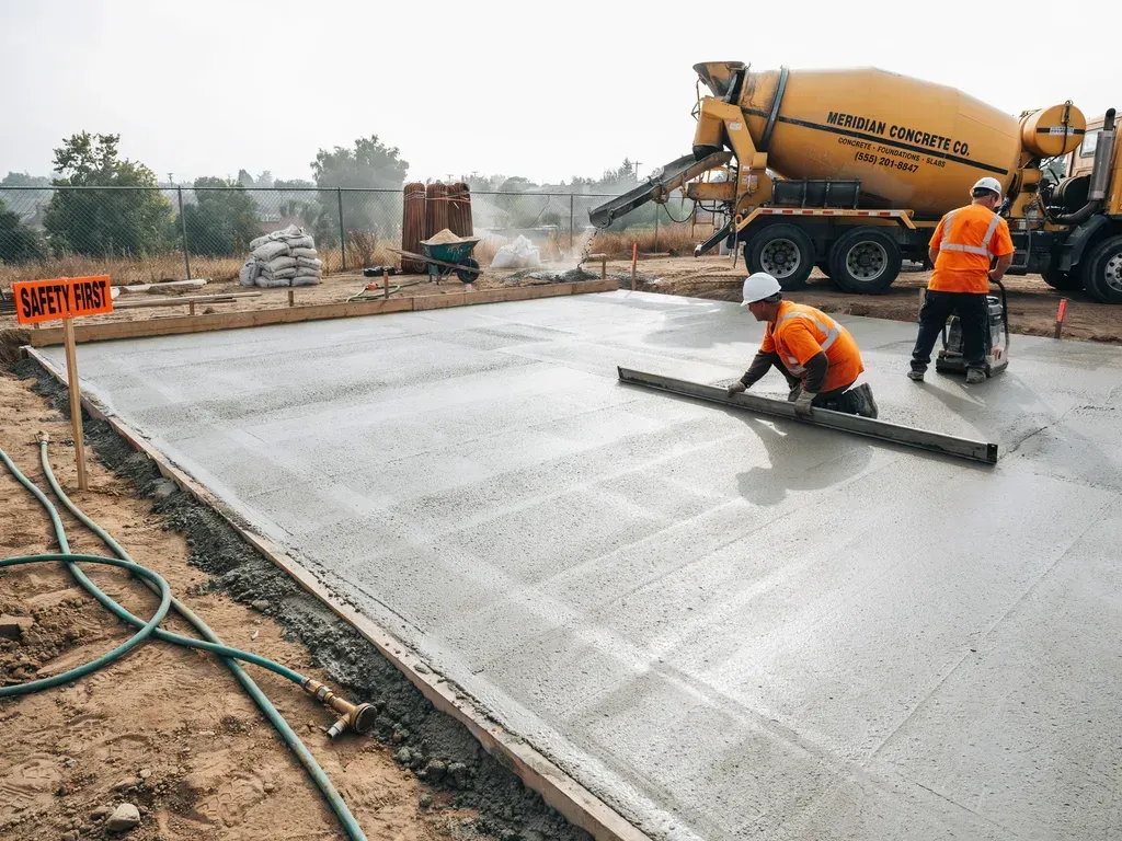 Construction workers smoothing wet concrete beside a yellow cement mixer on a road site