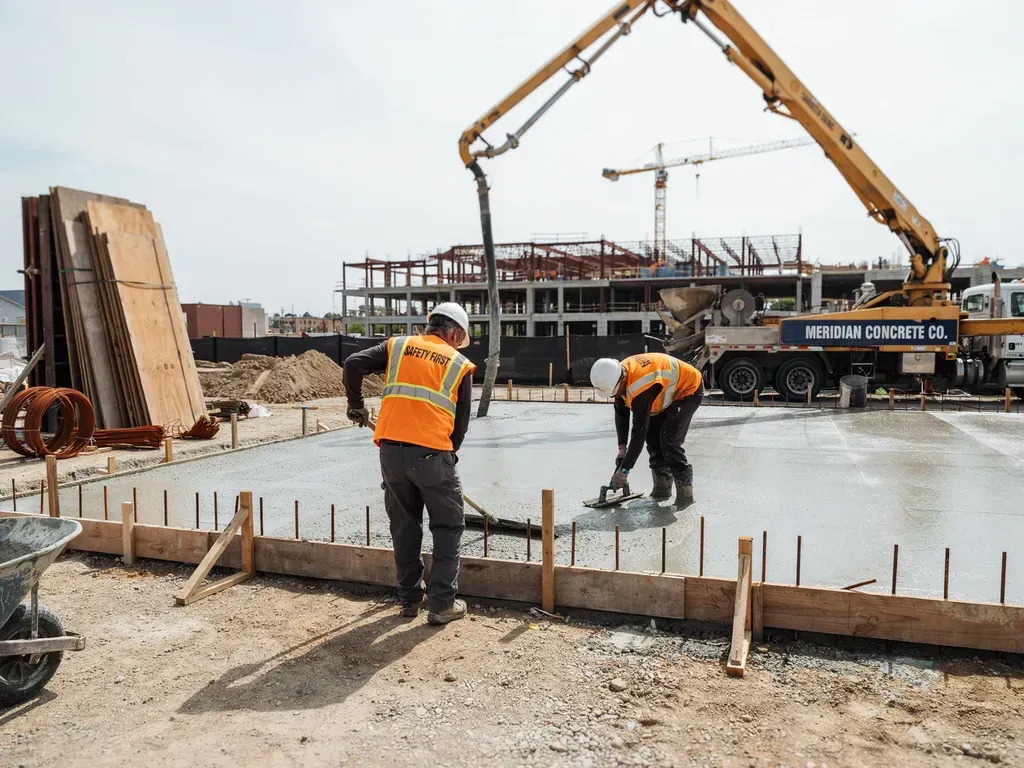 Construction workers pouring concrete at a building site with a crane boom overhead