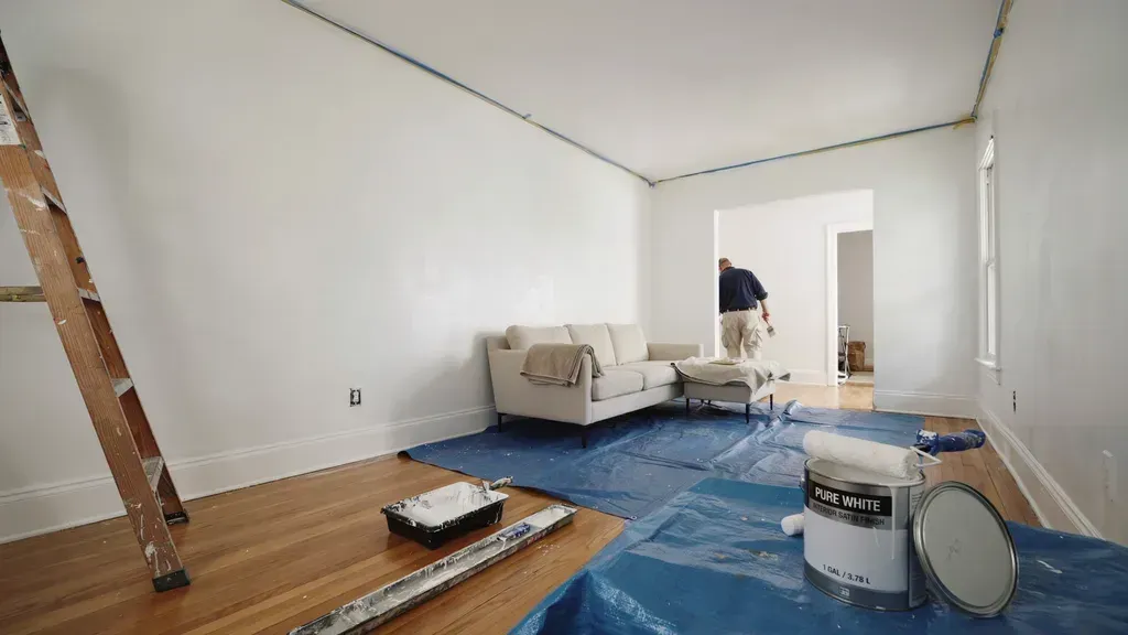 Living room under renovation with drop cloths, paint supplies, and a person working in a doorway.