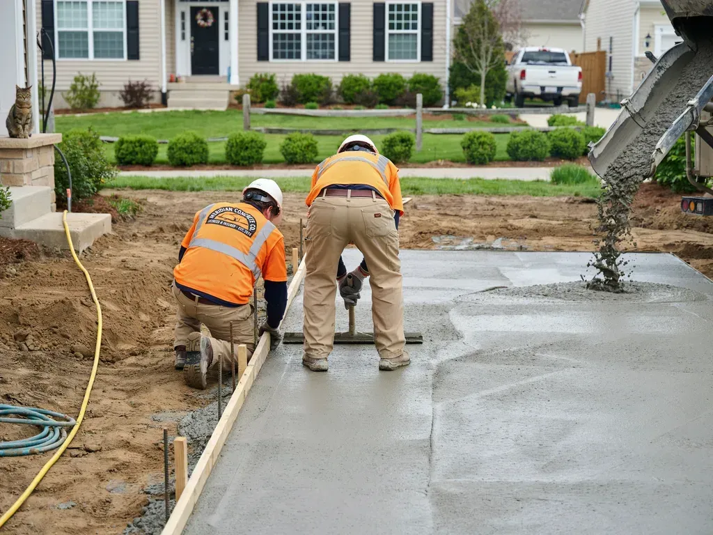 Workers in orange vests pour and smooth fresh concrete at a suburban driveway.