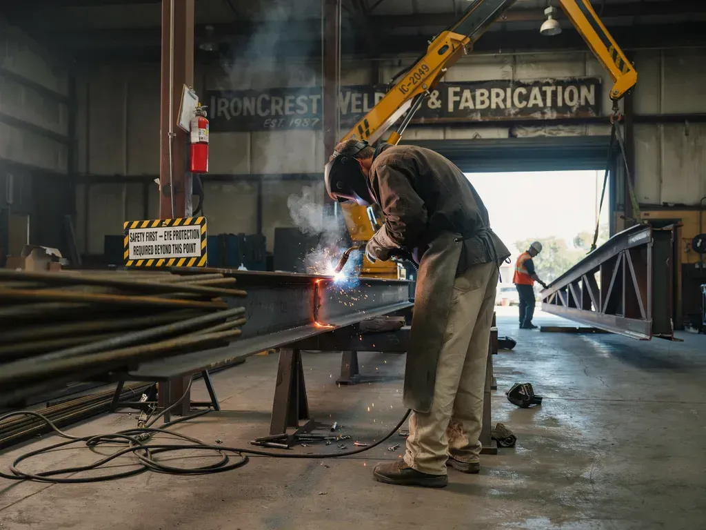 Worker welding metal beam in a fabrication shop, sparks flying under a yellow crane.