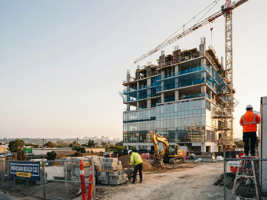 Construction site with workers, crane, and a partially built glass building.