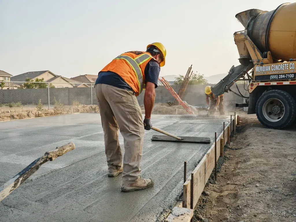 Worker in orange vest smoothing wet concrete at a roadside construction site next to a cement truck.