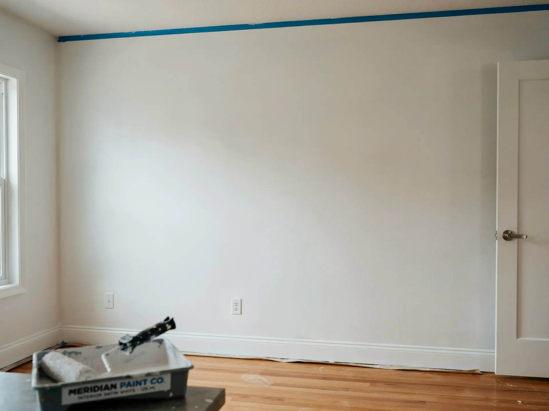 Empty white room with a bare wall, window, closed door, and a floor tool on the hardwood floor