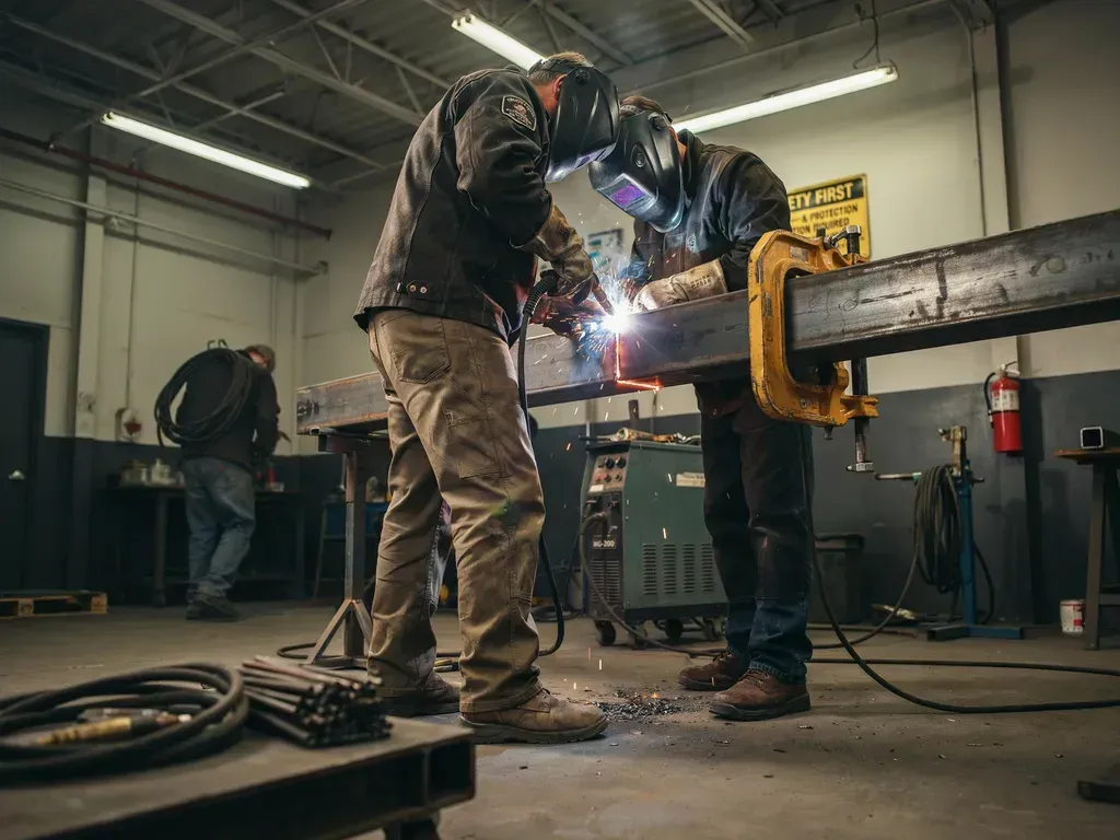 Welders in a workshop sparking at a metal beam, with tools and equipment around them.