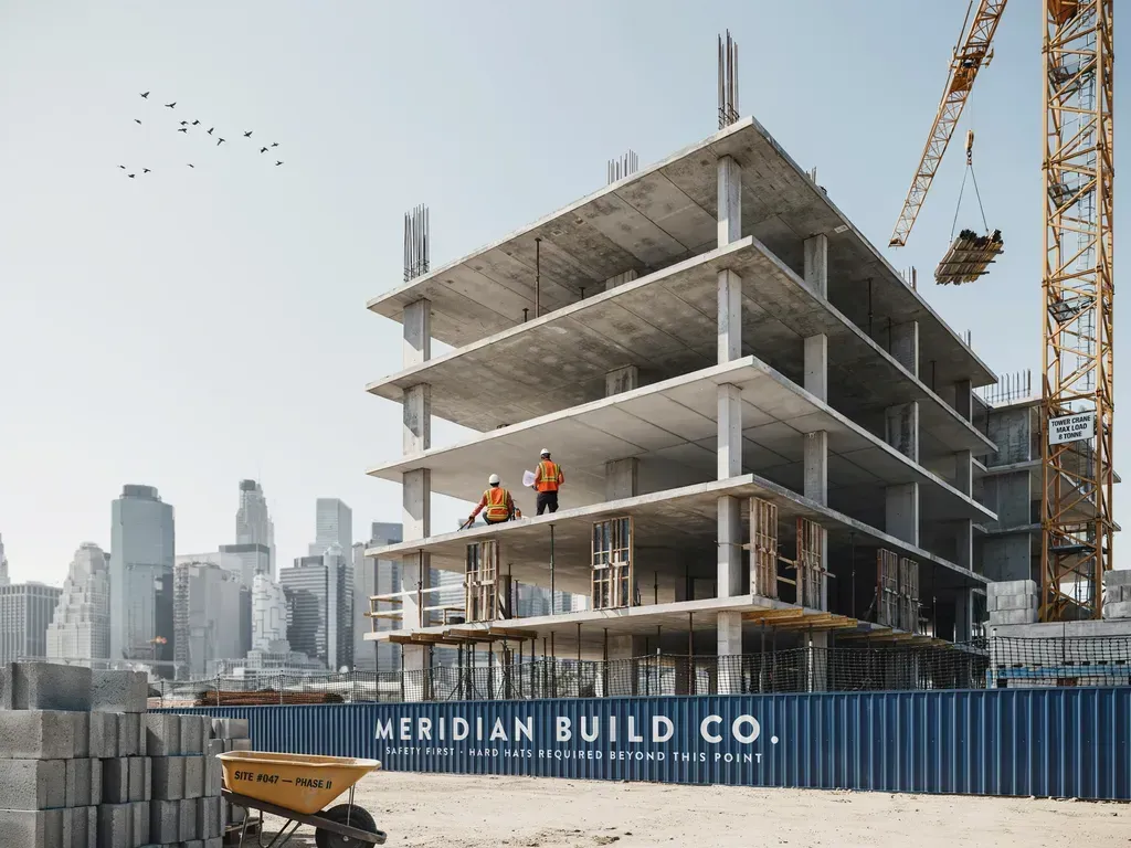 Construction site with unfinished concrete building, workers, crane, and blue Meridian Build Co. barrier panel