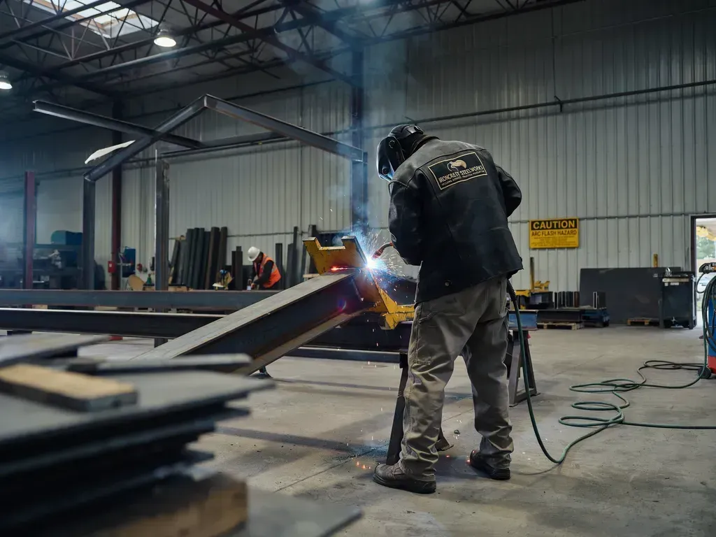 Welder in a workshop sparks light while cutting metal beside stacked steel plates