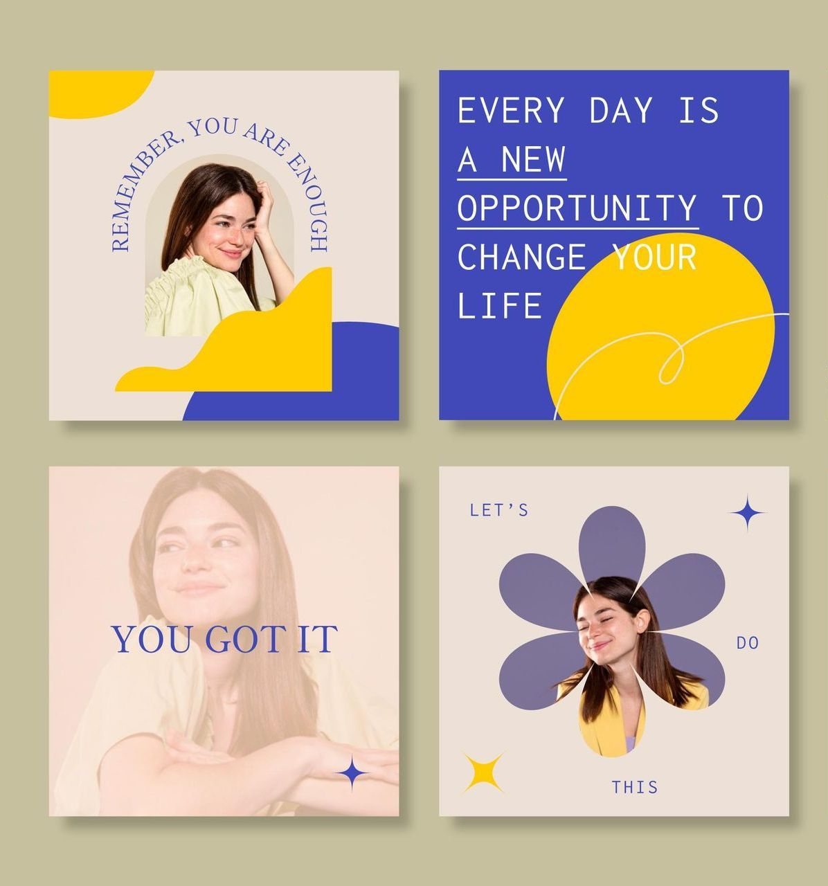 A set of four square cards with a woman 's face and the words