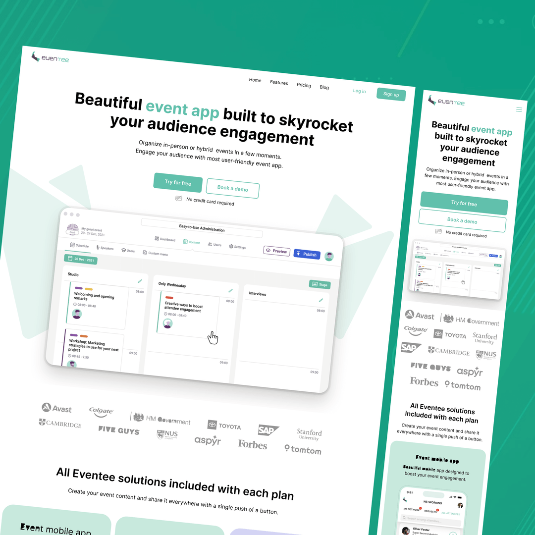 A screenshot of a website that says beautiful event app built to skyrocket your audience engagement