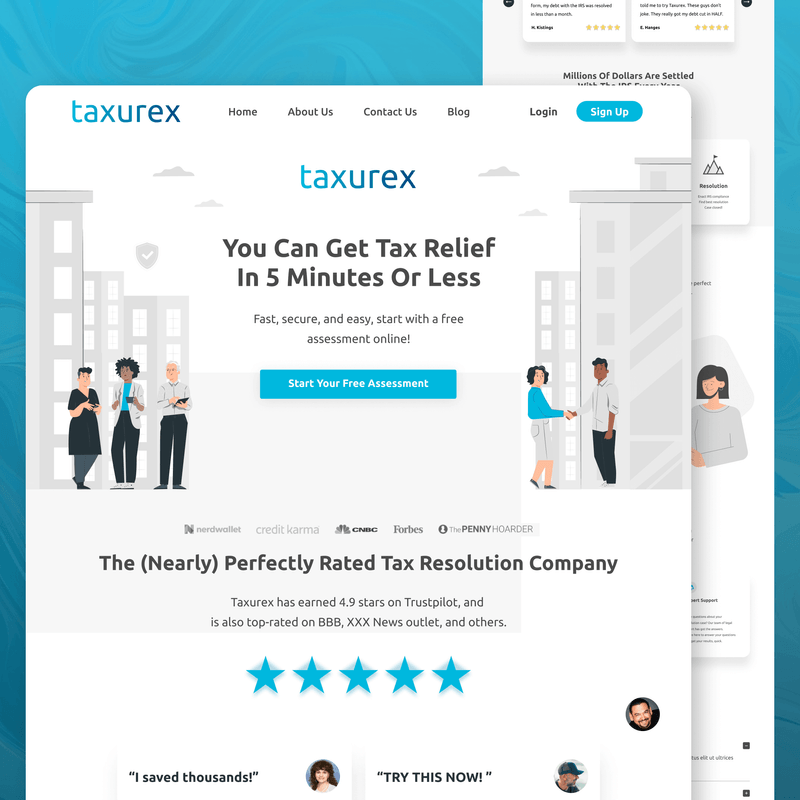 A screenshot of a website that says you can get tax relief in 5 minutes or less